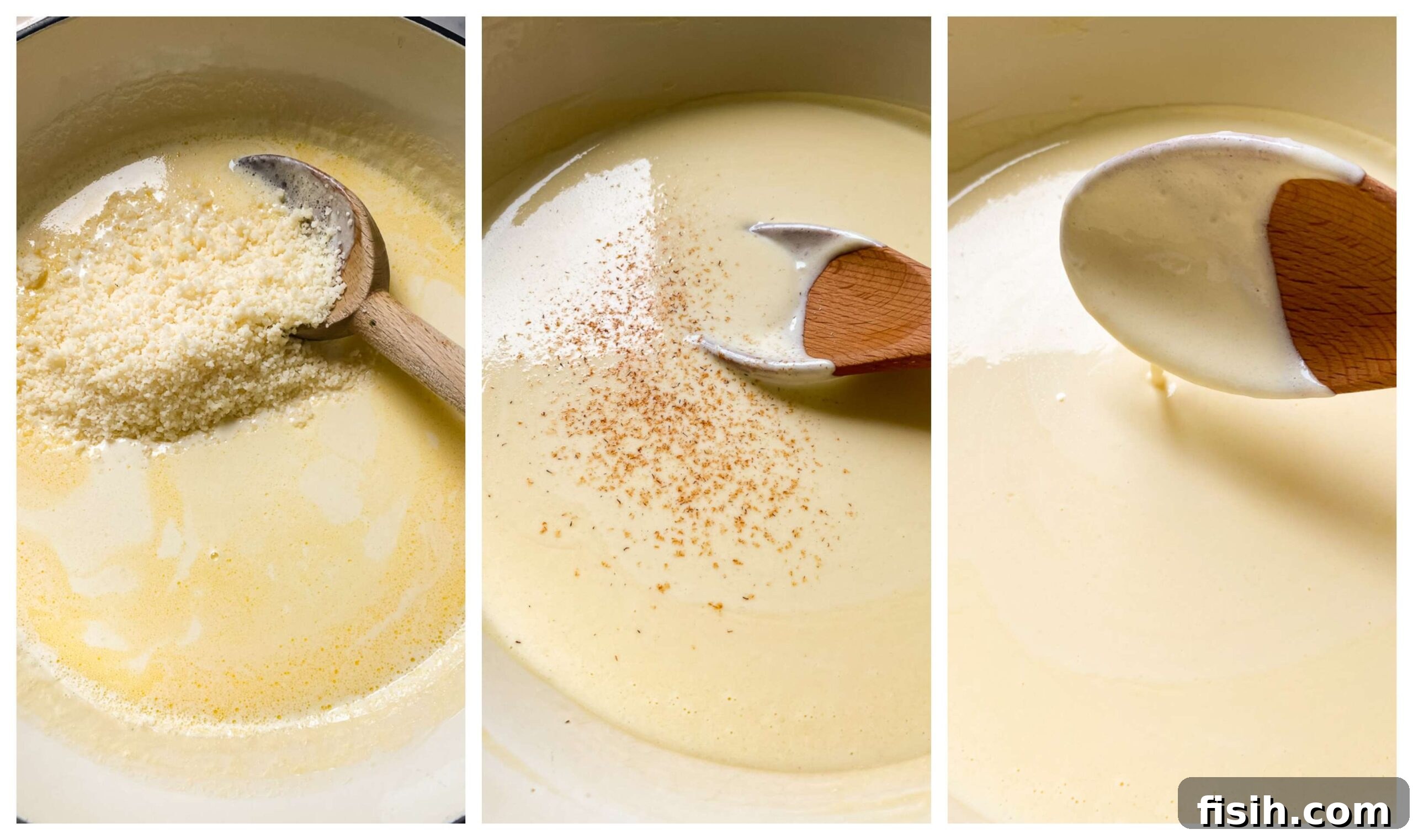 A visual step-by-step guide showing the process of making homemade Alfredo sauce, from melting butter to combining ingredients.