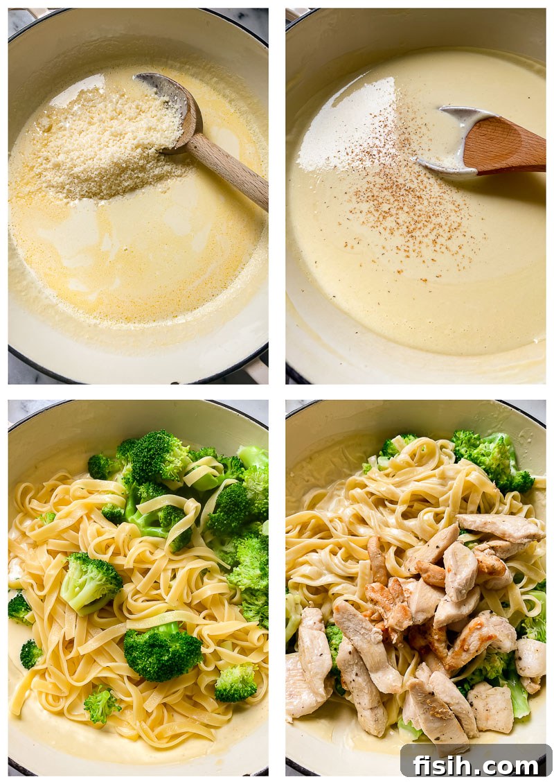 process images showing how to make chicken broccoli alfredo, from cooking chicken to tossing pasta with sauce