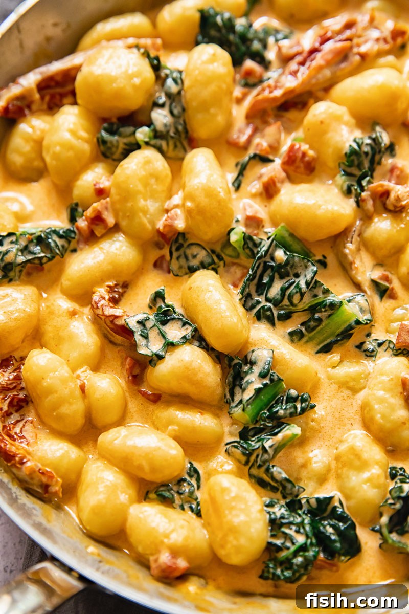 close up of creamy gnocchi pasta cooked with chorizo, kale and sun-dried tomatoes
