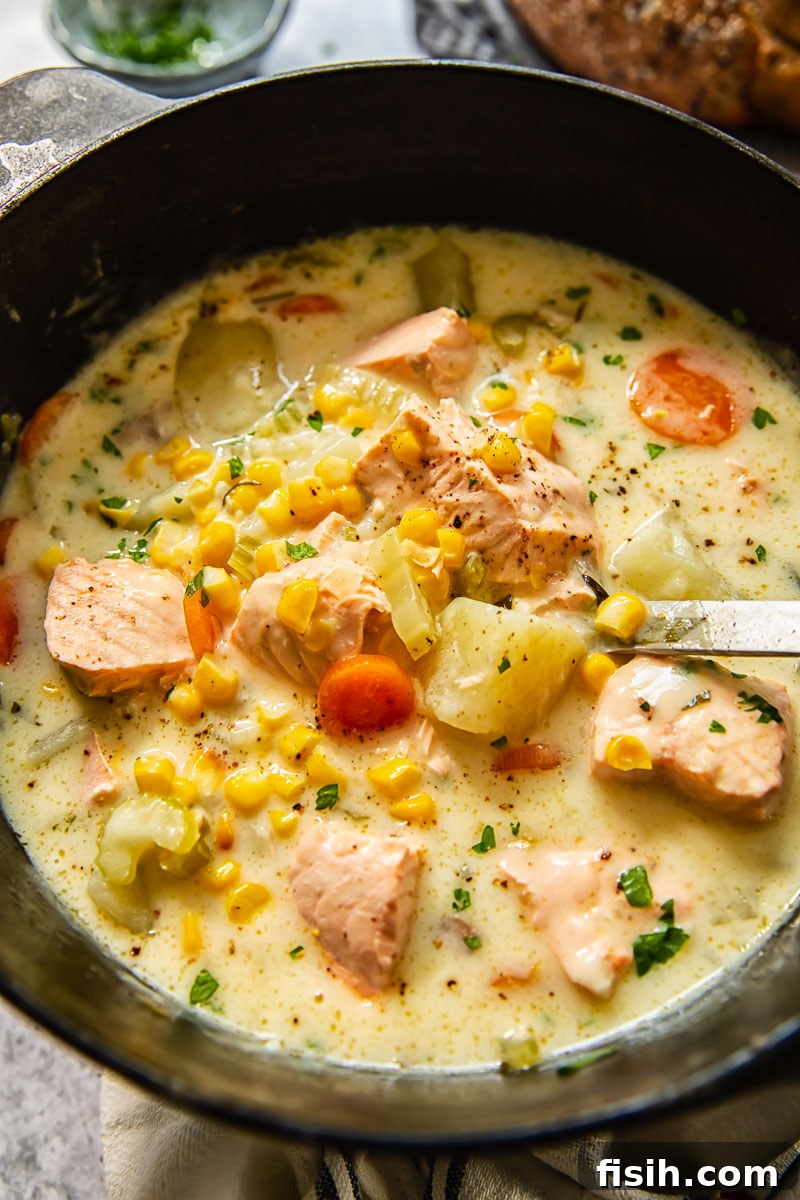 Hearty Salmon Chowder 2 A large pot brimming with rich, creamy salmon chowder, a ladle resting inside, ready to serve.