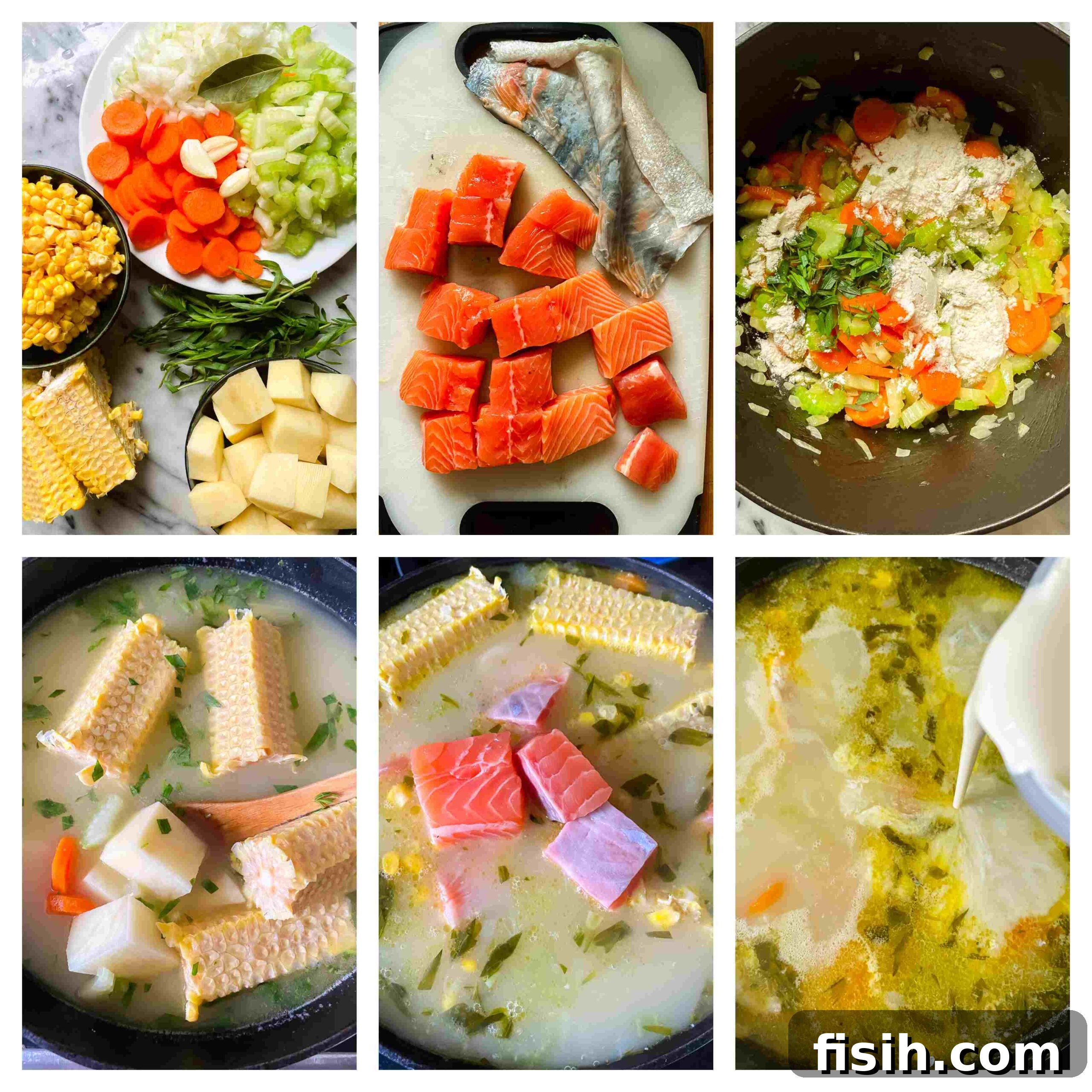 Hearty Salmon Chowder 5 A visual guide showing the step-by-step process of making salmon chowder, from sautéing vegetables to simmering with fish.