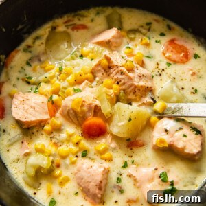 Hearty Salmon Chowder 6 fish chowder in a pot with a ladle inside
