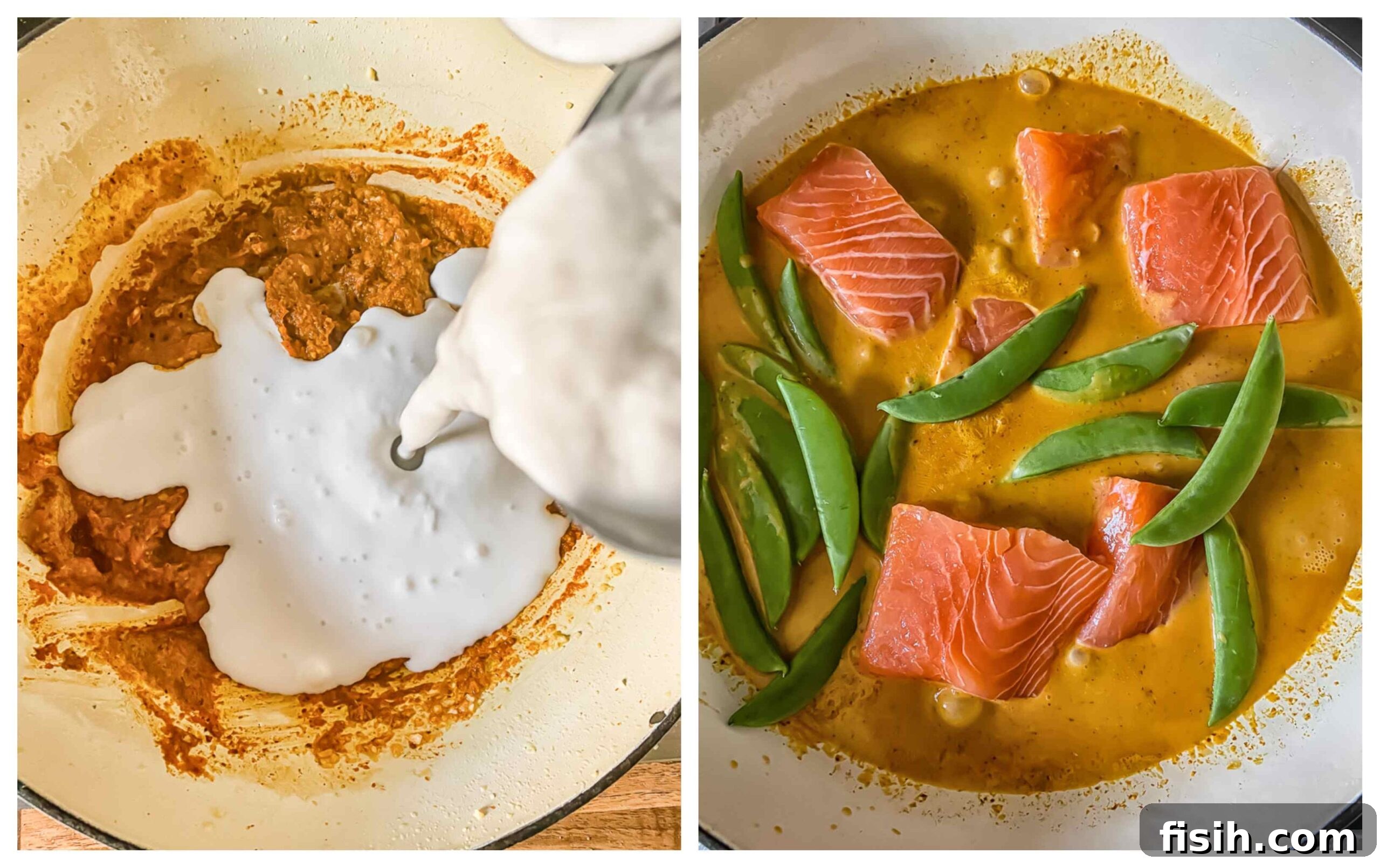 Step-by-step process images for making fish curry, showing ingredients being added to a pan.