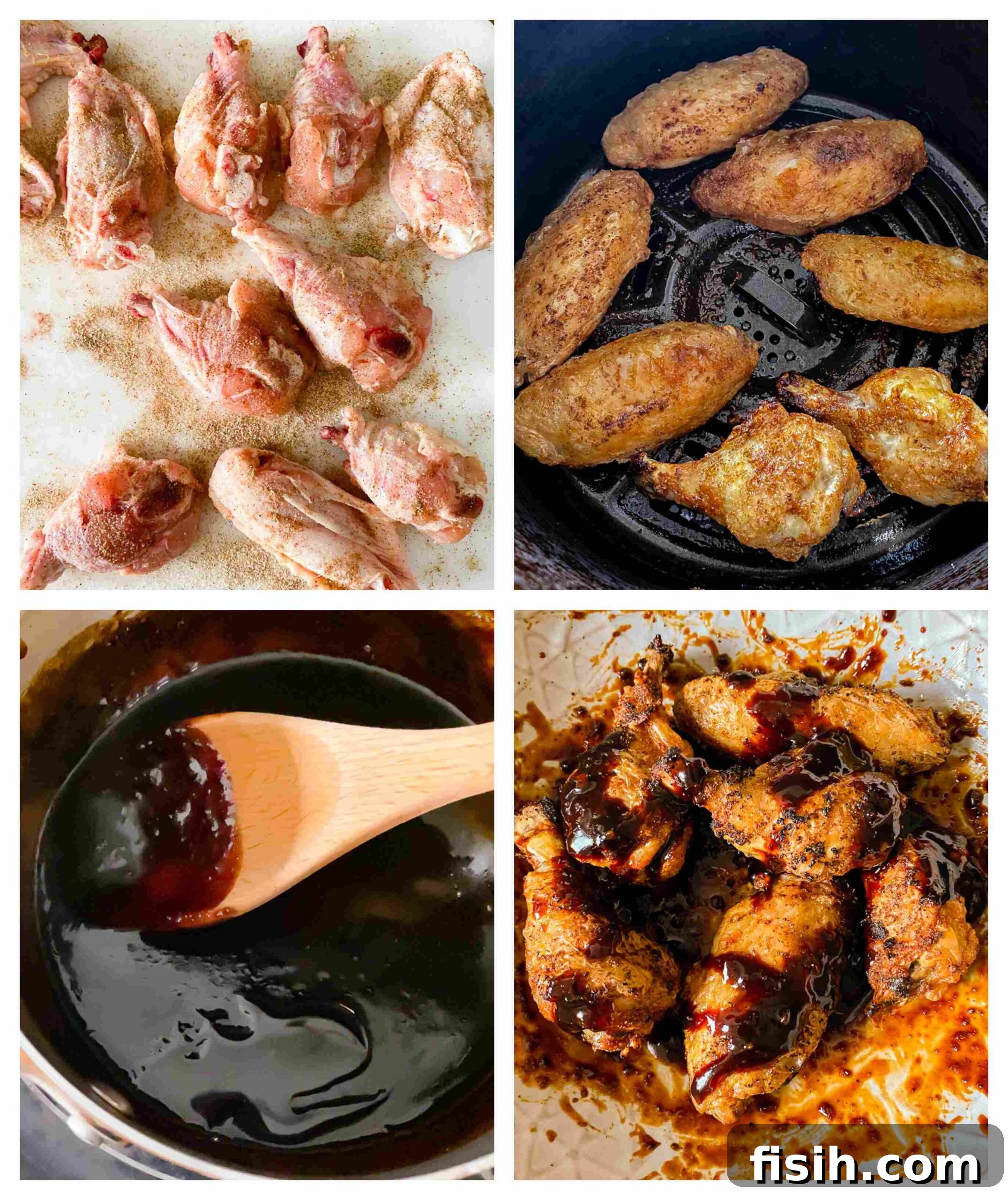 Step-by-step process images for making Asian Air Fryer Chicken Wings: seasoned wings, air fryer basket, glazed wings