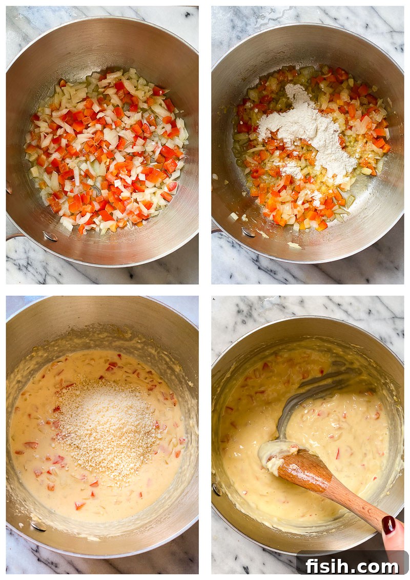 Step-by-step process images for making scalloped corn, showing ingredients prepped and sauce in a pan.