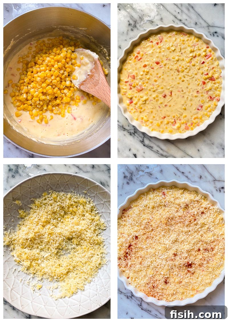 Second set of process images for scalloped corn recipe, showing corn mixed with sauce and topping applied.