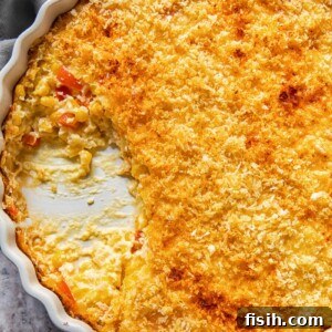 top down view of scalloped corn casserole
