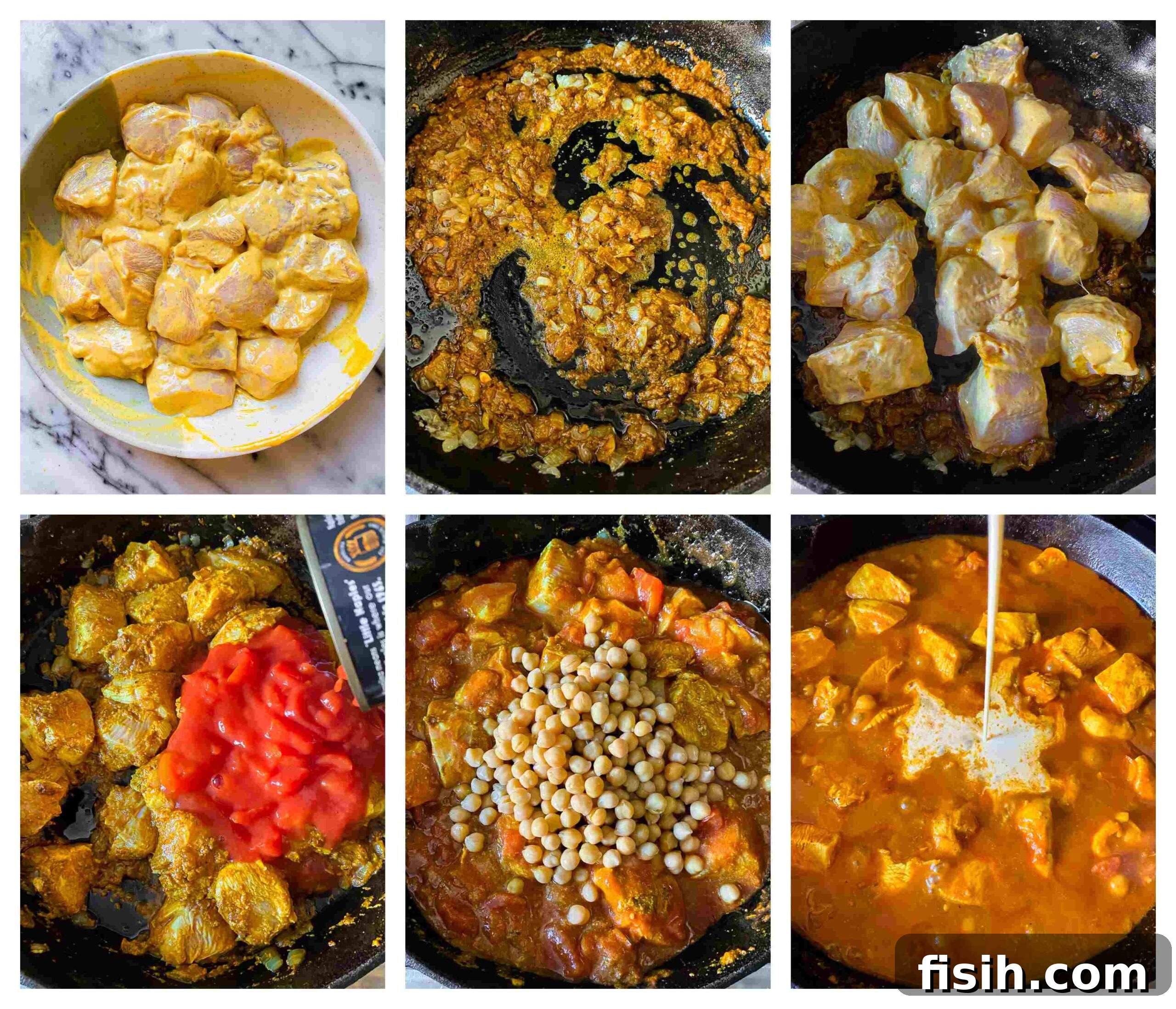 Rich and Creamy Chicken Tikka Masala 5 Step-by-step process images for making Chicken Tikka Masala, illustrating preparation, cooking, and the final dish.