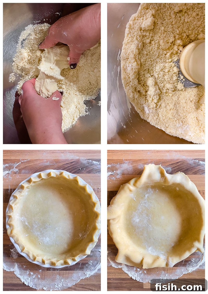 Spiked Maple Pecan Perfection 5 A series of four process images demonstrating the steps for making shortcrust pastry, from mixing ingredients to forming the dough.