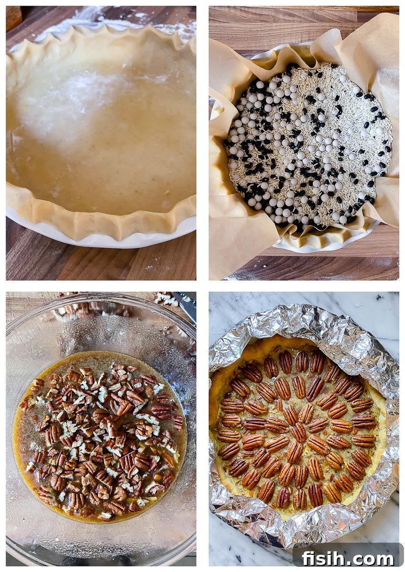 Spiked Maple Pecan Perfection 6 A four-panel grid of images showing the process of making the pecan pie, from raw ingredients to fully assembled pie before baking.