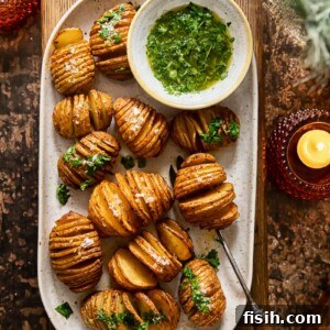 top down view of a platter with roasted potatoes set over a wooden serving board, two candles on the table