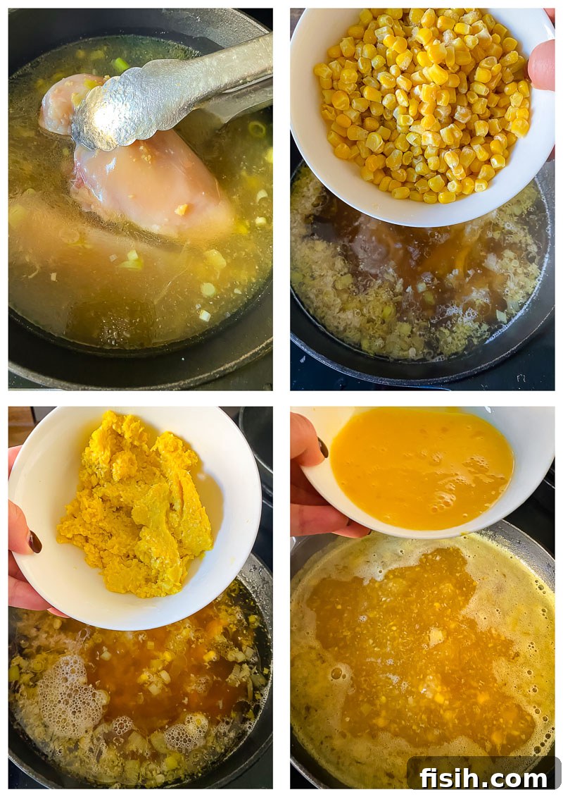 A visual step-by-step guide illustrating the preparation of chicken and sweetcorn soup, showing the stages from sautéing aromatics to shredding cooked chicken.