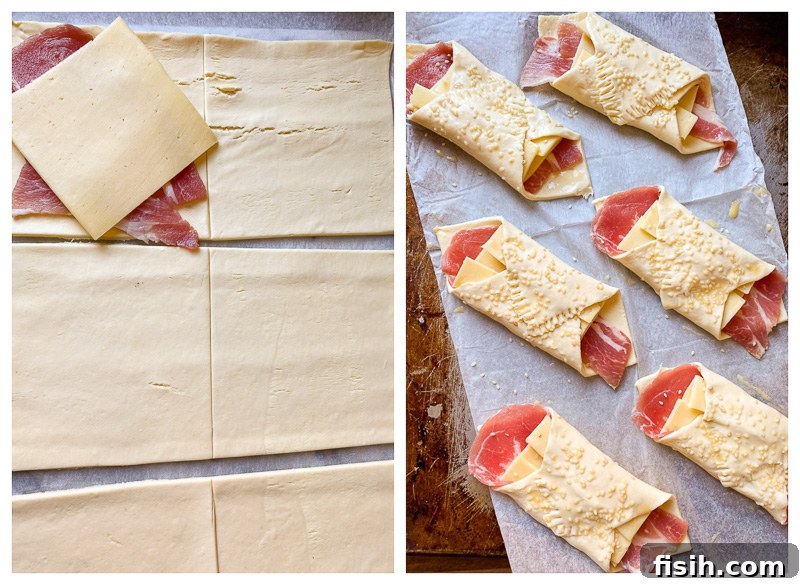 Smoky Bacon & Cheese Pastry 3 A step-by-step visual guide showing the process of assembling cheese turnovers, from cutting pastry squares to adding filling.
