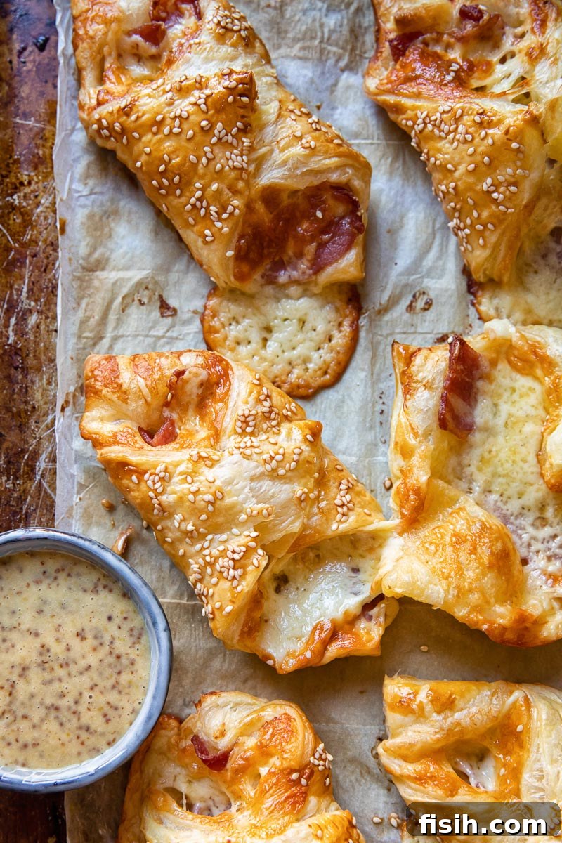 Smoky Bacon & Cheese Pastry 4 Baked golden brown cheese turnovers cooling on a parchment-lined baking sheet, fresh out of the oven.