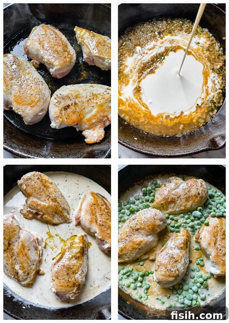 Velvety Chicken and Green Peas 4 Process images showing steps to prepare creamy chicken: browning chicken, sautéing aromatics, adding liquids, and simmering.