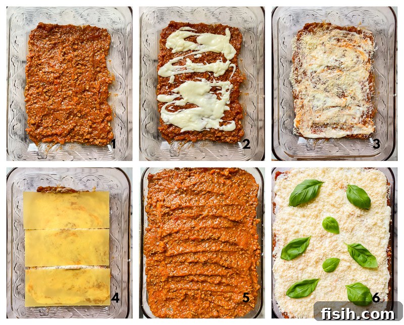 A visual guide showing the step-by-step process of assembling a traditional lasagne, from sauce preparation to layering pasta, Bolognese, Béchamel, and Parmesan cheese.
