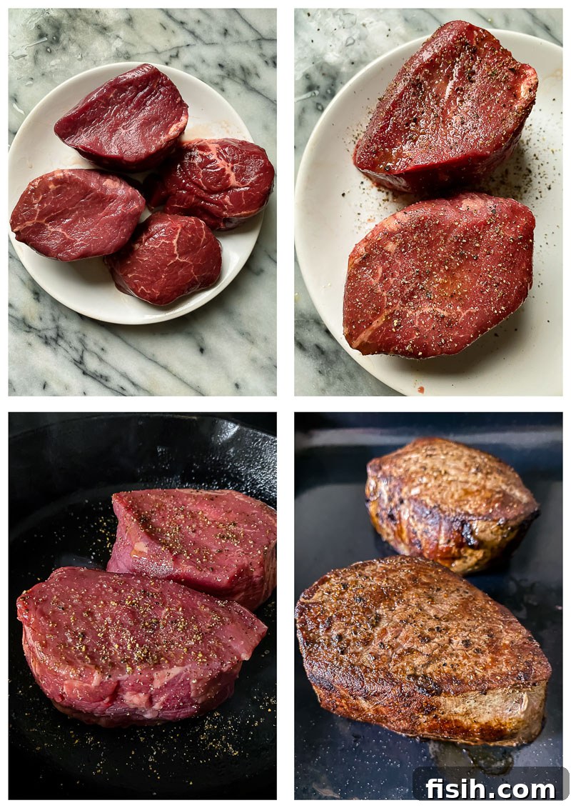 Collage showing the step-by-step preparation of filet mignon, from seasoning to searing.