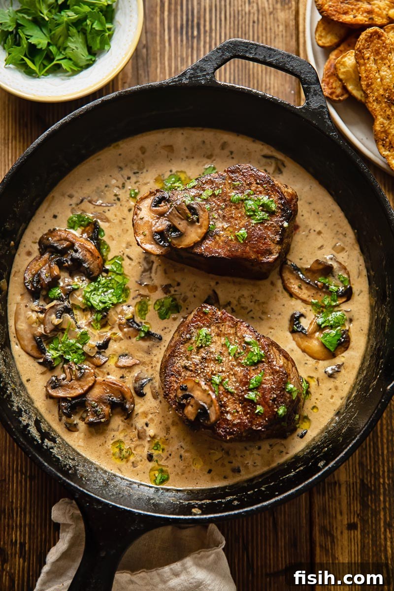 Top-down view of two perfectly seared filet mignon steaks simmering in a rich mushroom sauce in a cast iron pan.