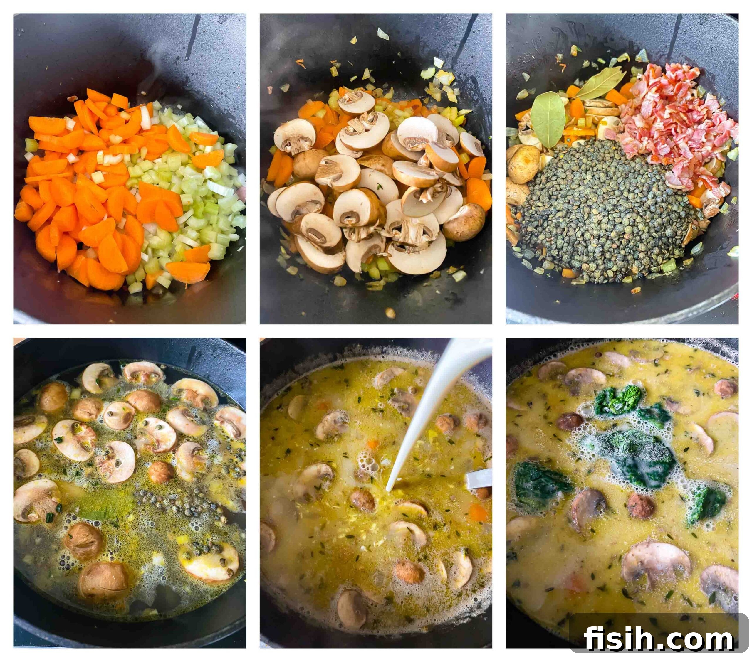 A collage of process images showing the preparation stages of lentil and bacon soup, from sautéing vegetables to the final simmer.