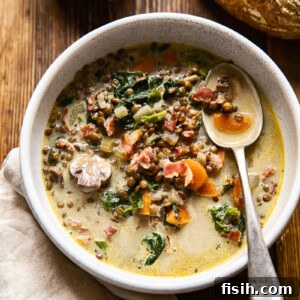 An inviting top-down view of a bowl of lentil and bacon soup nestled beside a rustic loaf of bread on a wooden table, emphasizing its cozy appeal.