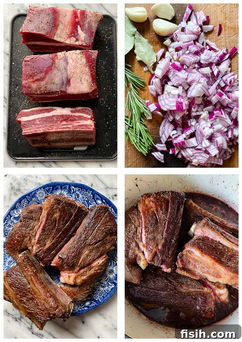A visual guide showing the three main steps of braising short ribs: browning, adding aromatics, and simmering in liquid.