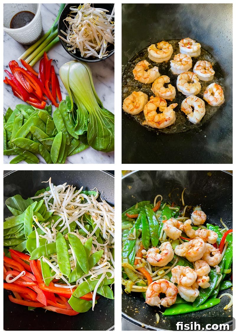 sequential process images showing shrimp stir fry preparation from raw ingredients to cooked dish