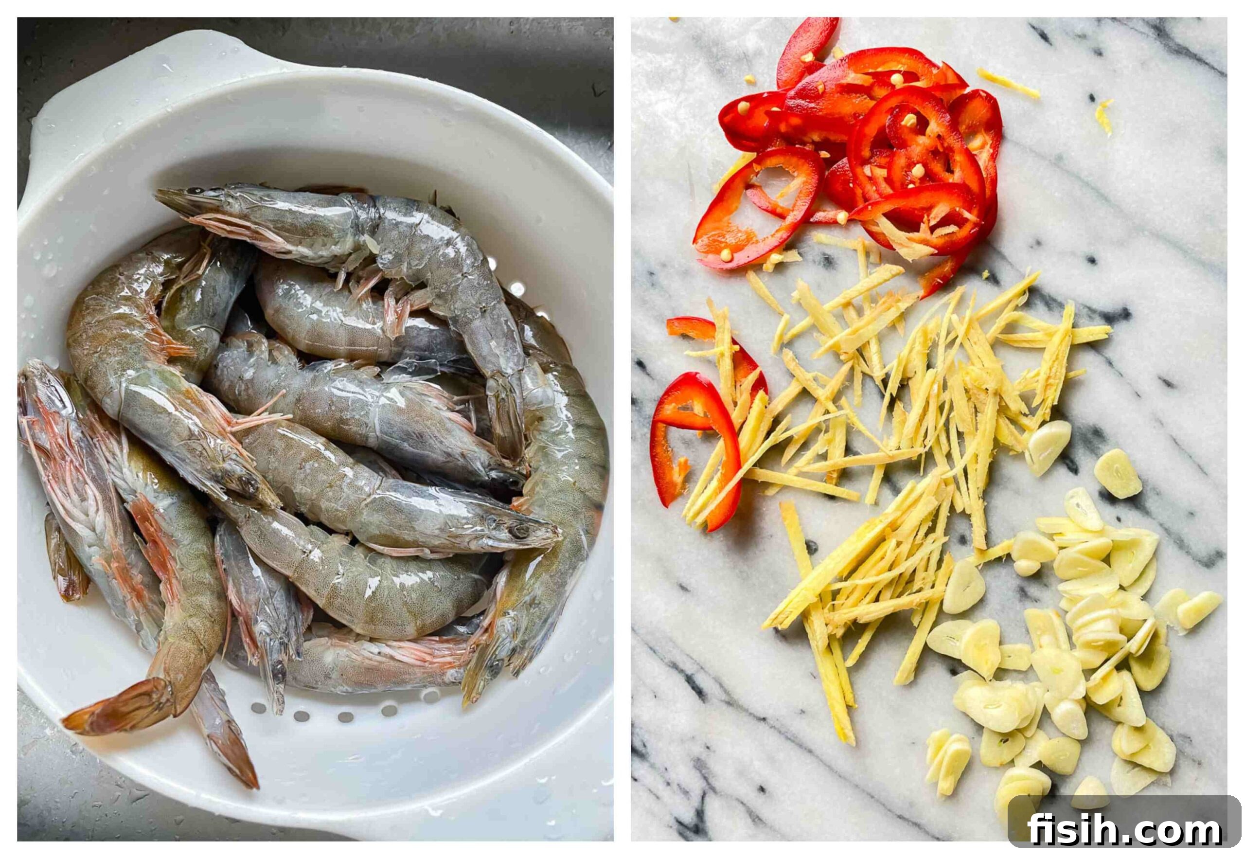 Crispy Air Fryer Salt and Pepper Shrimp 3 Fresh ingredients for Salt and Pepper Shrimp, including raw deveined shrimp, sliced ginger, garlic, and red chillies