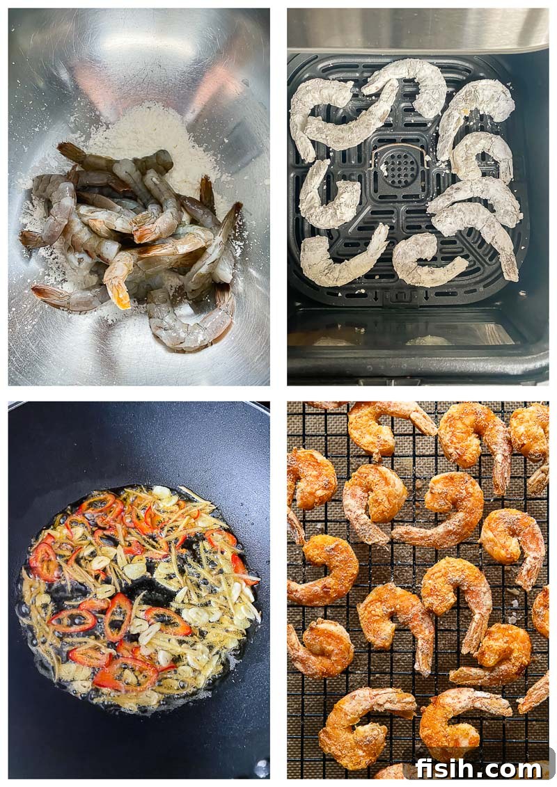 Crispy Air Fryer Salt and Pepper Shrimp 5 Four images showing the step-by-step process of preparing air fryer salt and pepper shrimp, from coating to frying