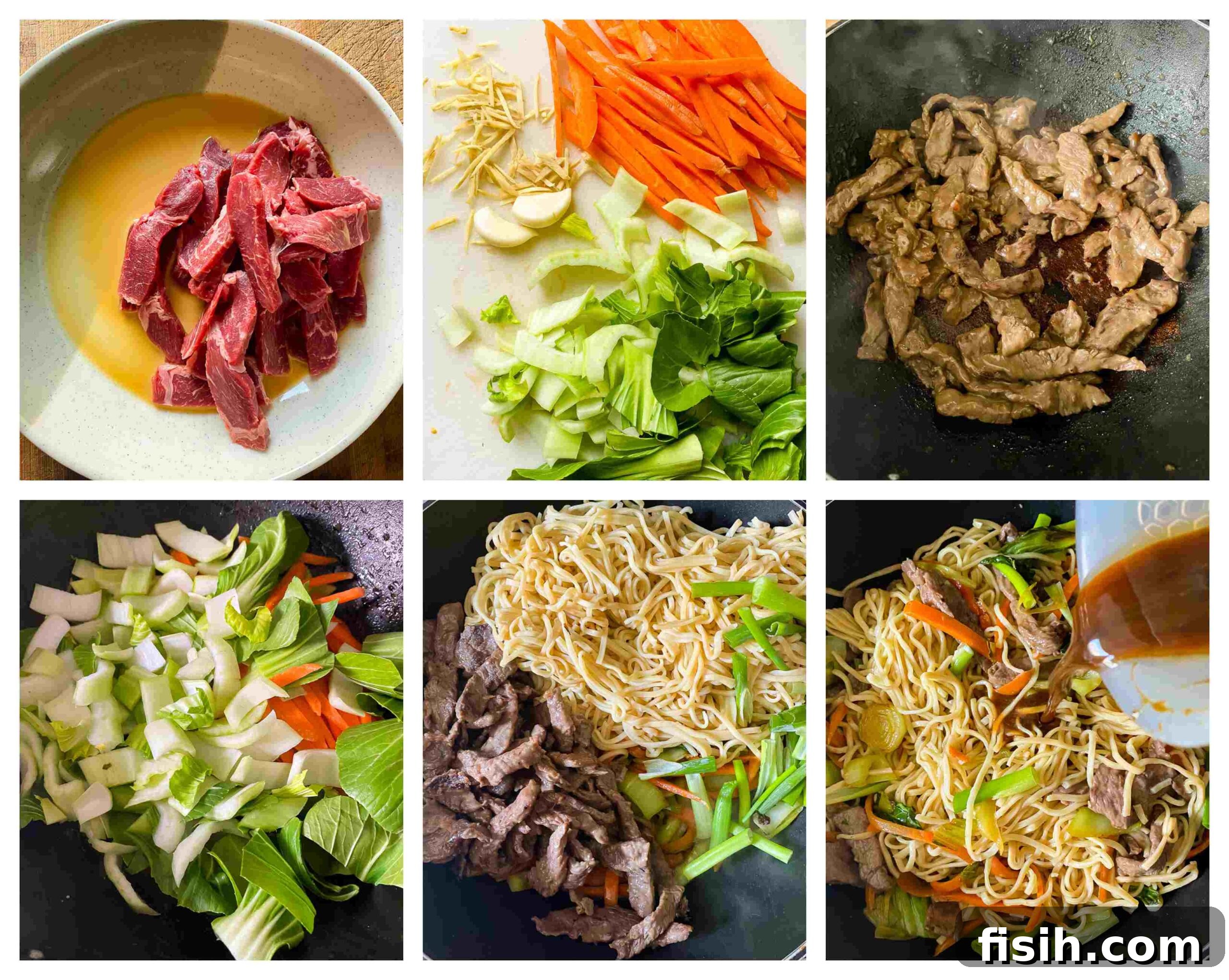 A step-by-step photographic collage showing the process of making Beef Chow Mein, from raw ingredients to cooked noodles and stir-fried components.