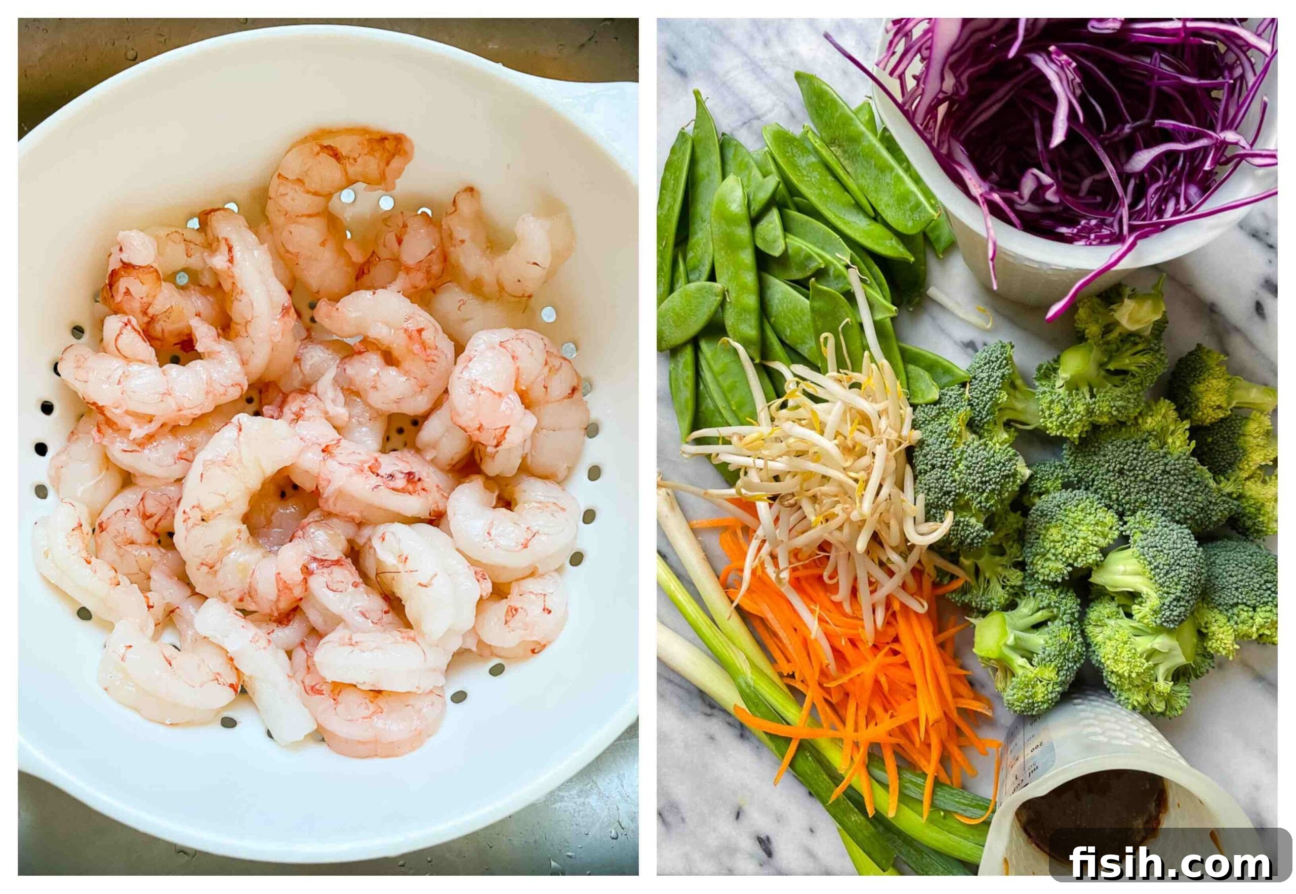 Sizzling Prawn Noodle Stir-Fry 3 Fresh ingredients for a Prawn Noodle Stir Fry laid out, including raw prawns, various vegetables, and sauces.