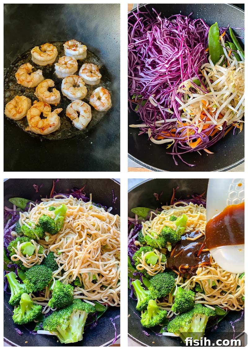 Sizzling Prawn Noodle Stir-Fry 4 A series of process images illustrating the steps of cooking and assembling the Prawn Noodle Stir Fry.