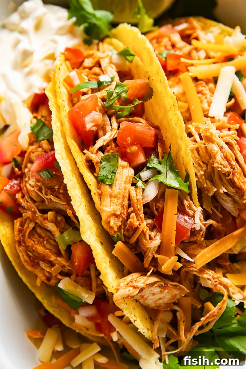 Lightning Fast Instant Pot Shredded Chicken Tacos 2 Hard shell tacos filled with perfectly seasoned shredded chicken and vibrant pico de gallo