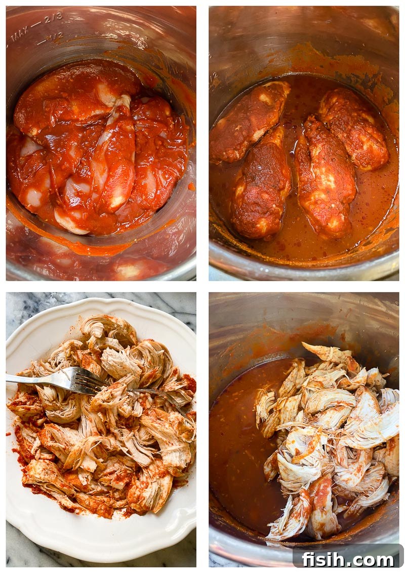 Lightning Fast Instant Pot Shredded Chicken Tacos 5 Process images showing shredded chicken being prepared and served for tacos