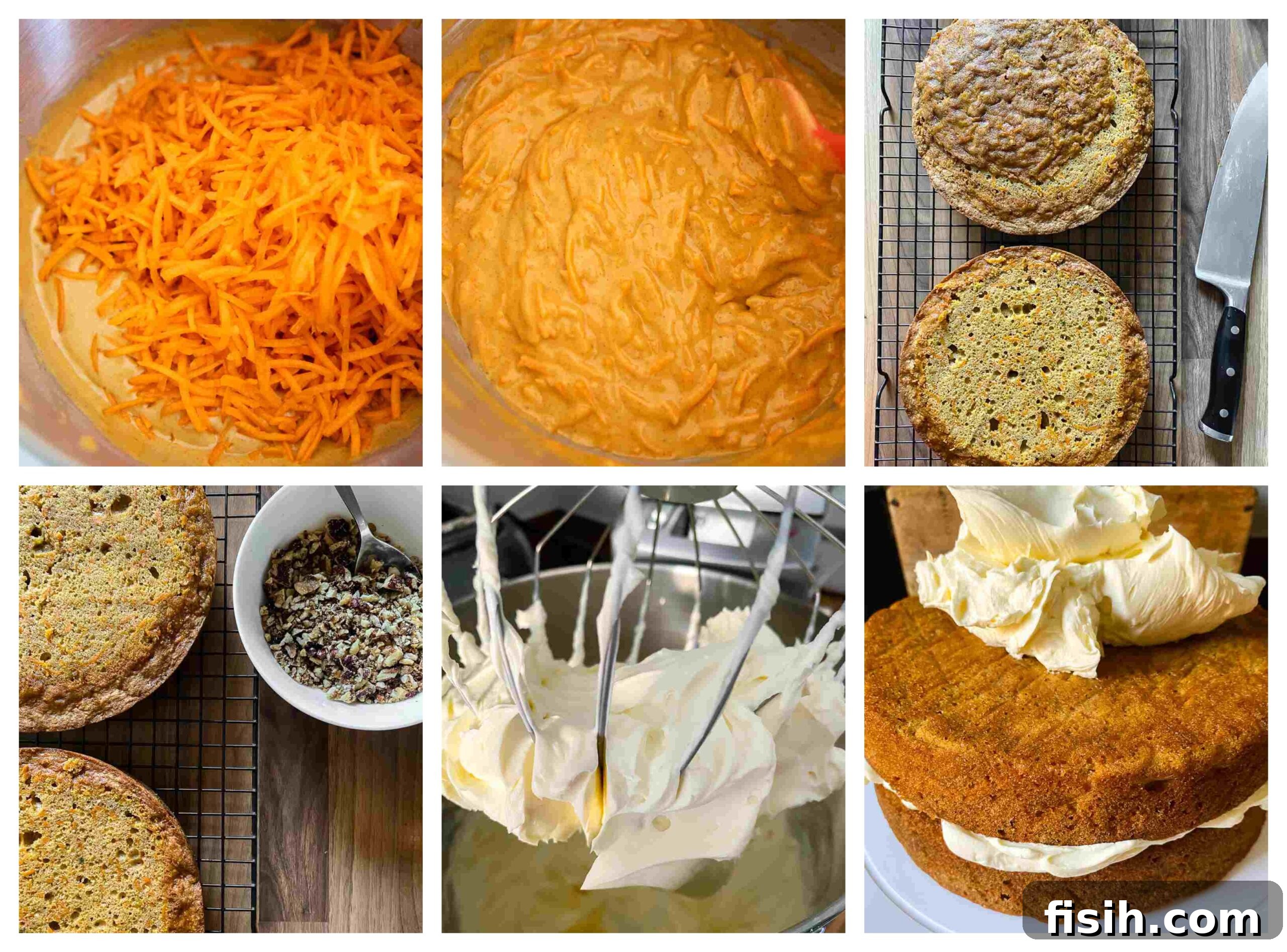 Moist Carrot Cake with Tangy Cream Cheese Frosting 5 Collage of process images for making carrot cake, including mixing batter, baking, and frosting.