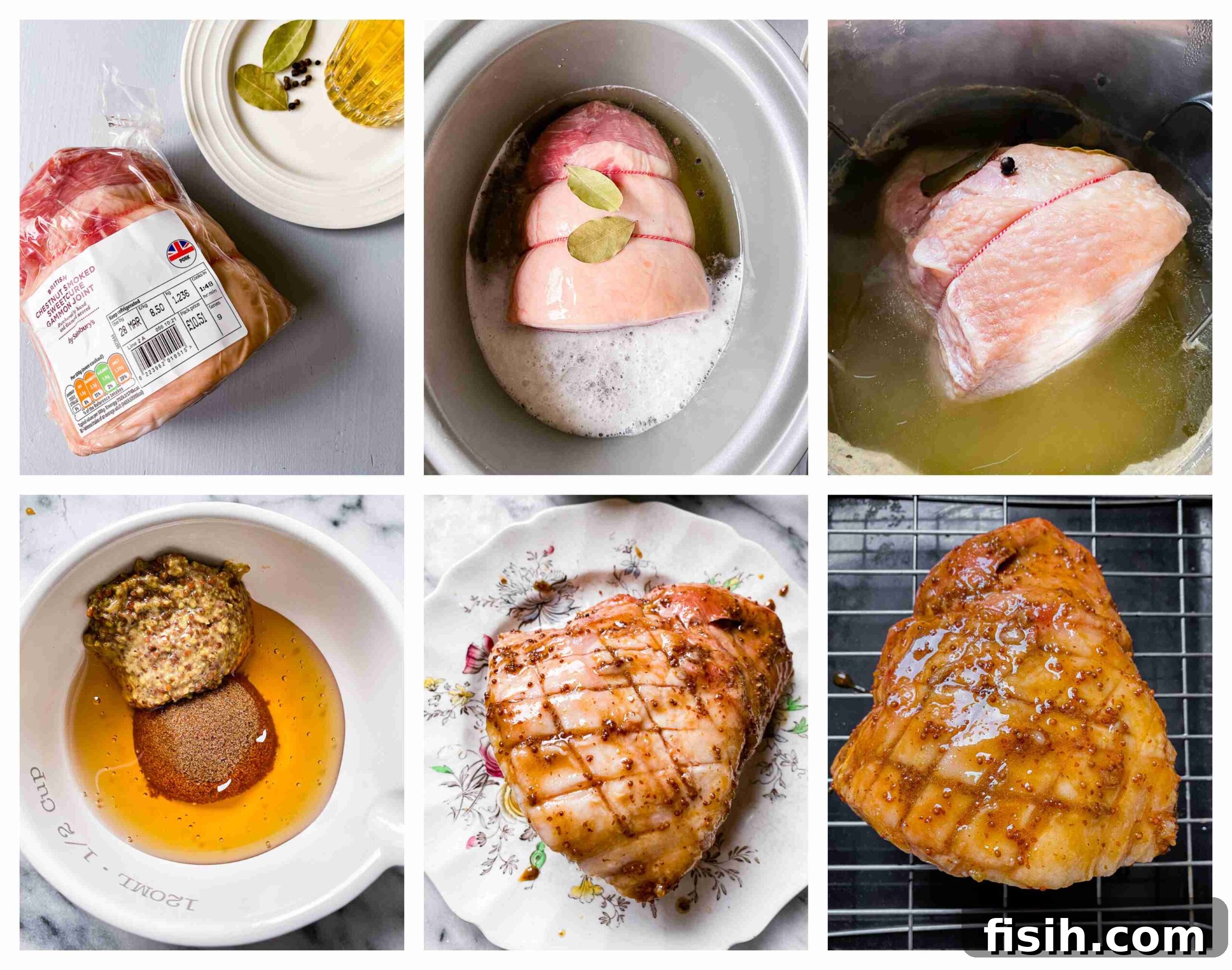 step-by-step images of slow cooker gammon preparation: adding ingredients, cooking, glazing