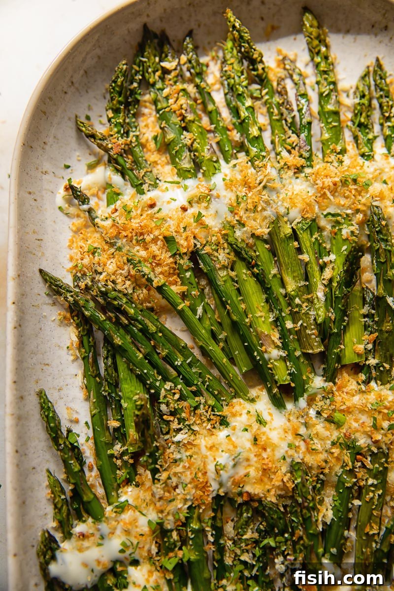 Mornay Asparagus Bake with Toasted Crumbs 2 asparagus with white sauce and breadcrumbs