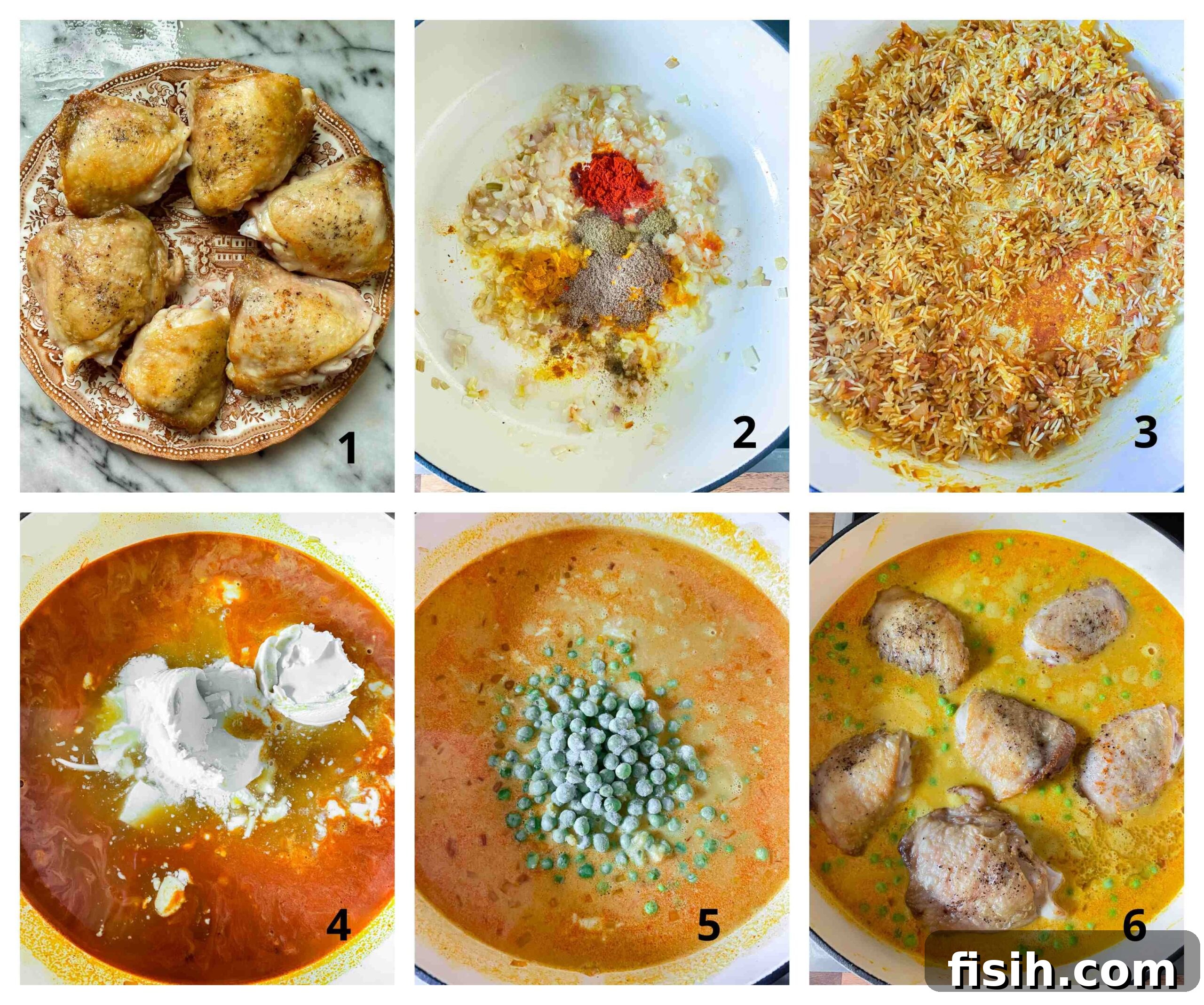 Step-by-step process images for cooking chicken and yellow turmeric rice, showing browned chicken, sautéed aromatics, and rice added to the pan.