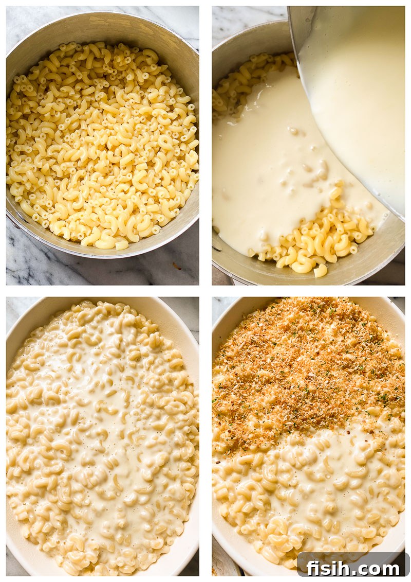 Golden Crusted Mac and Cheese 4 A visual guide showing the step-by-step process of preparing classic baked macaroni and cheese, from mixing the sauce to baking.