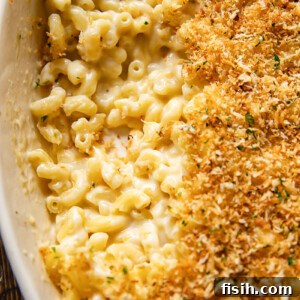 Golden Crusted Mac and Cheese 6 top down view of macaroni and cheese with breadcrumb topping