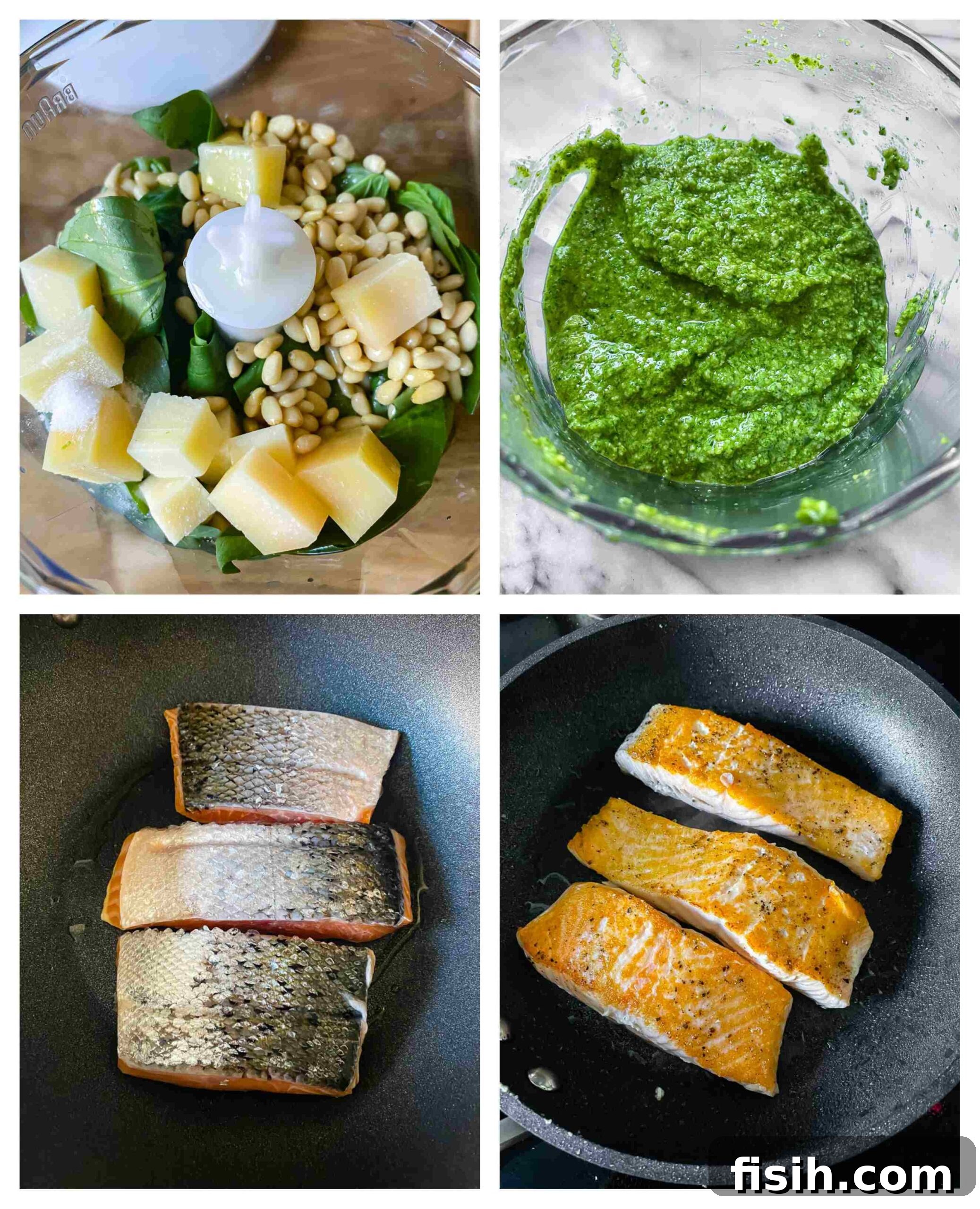 A collage of process images showing how to prepare pan-fried salmon with basil pesto