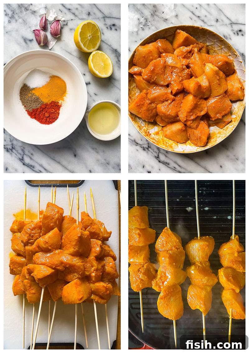 Simple Chicken Satay with Creamy Peanut Sauce 3 A visual guide showing the steps to making chicken satay: cubing chicken, mixing the marinade, marinating chicken, and skewering it for grilling.