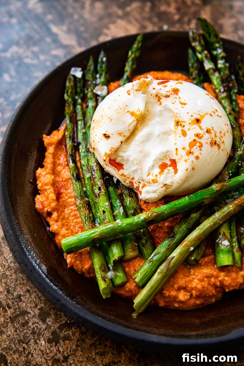 close up of grilled asparagus with romesco sauce and burrata