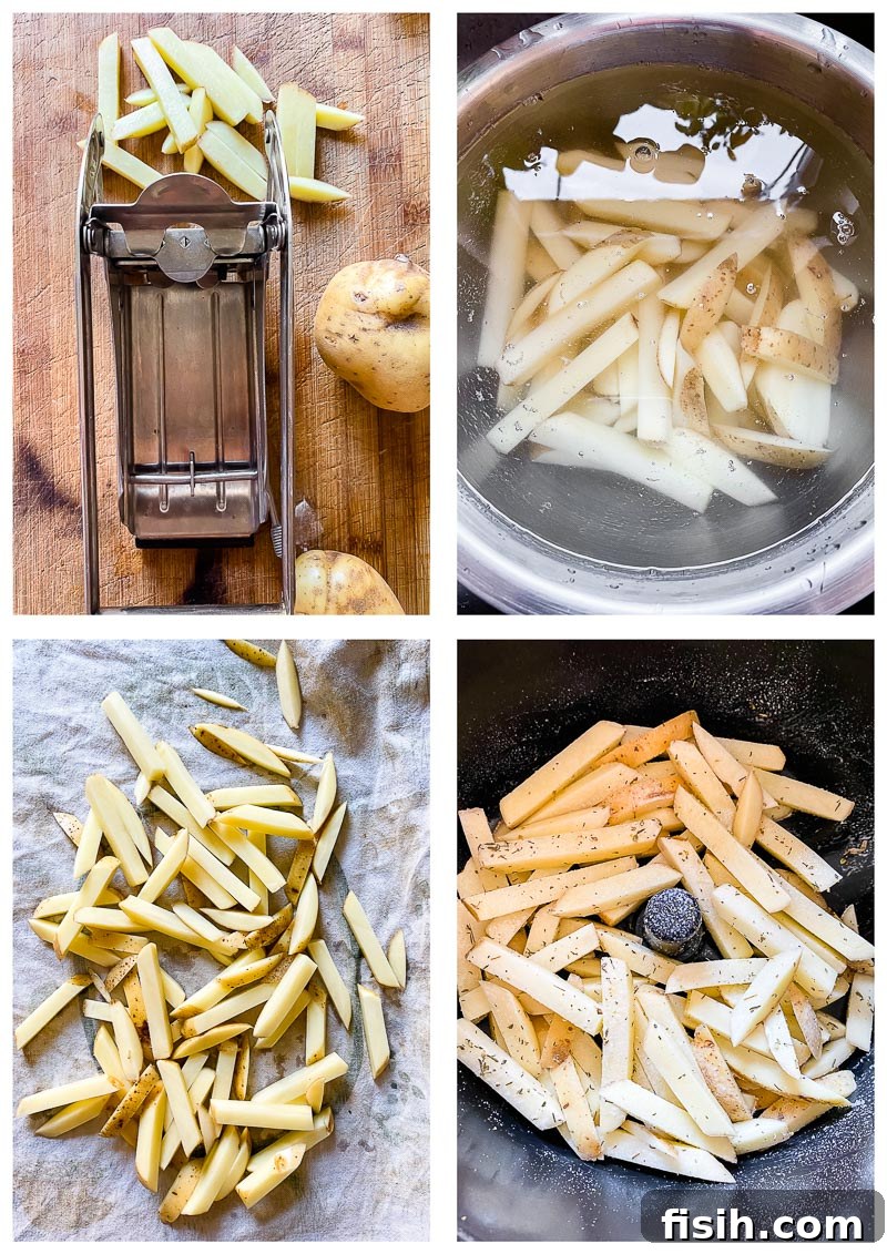 Zesty Air Fryer Greek Fries 5 Step-by-step process images for making air fryer fries: cutting, soaking, seasoning, and air frying