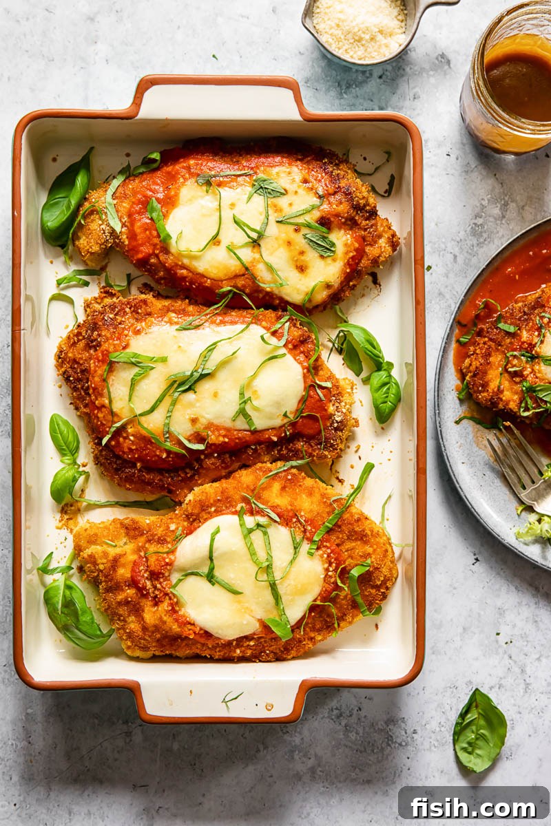 top down view of chicken parm in a pan