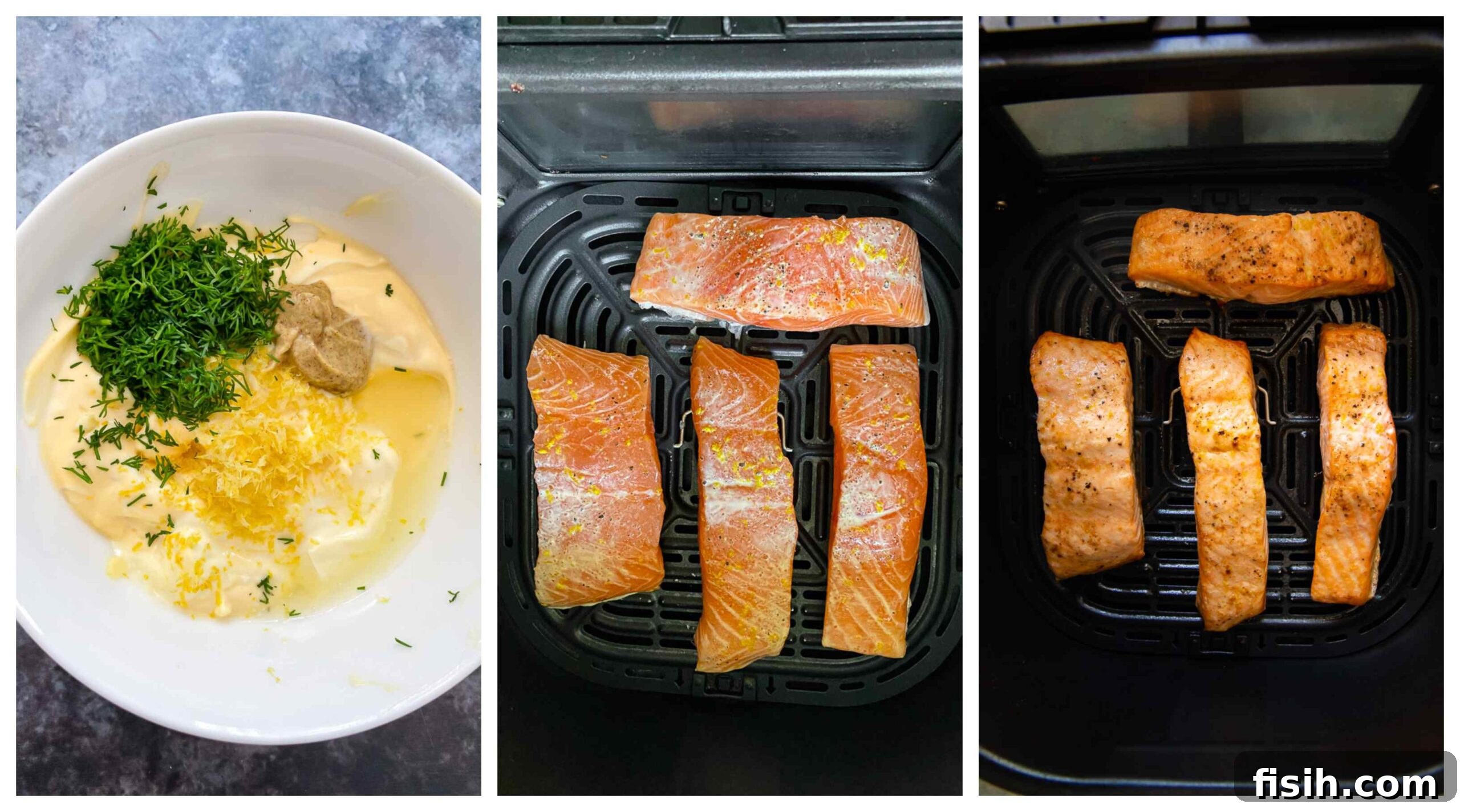 8-Minute Air Fryer Salmon with Zesty Lemon Dill Sauce 3 air fryer salmon and lemon dill sauce process images