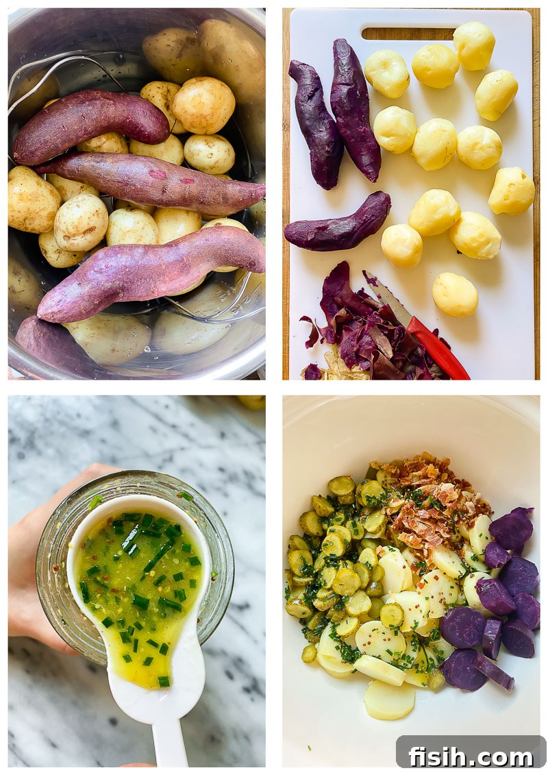 Collage of German potato salad preparation steps: cooked potatoes, fried bacon, sliced pickles, and the finished salad with chive vinaigrette