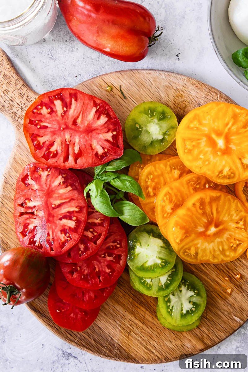 sliced heirloom tomatoes and basil on wooden board