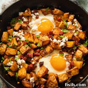 Savory Chorizo Hash with Tangy Feta 6 top down view of a skillet with diced potatoes, chorizo and egg with feta