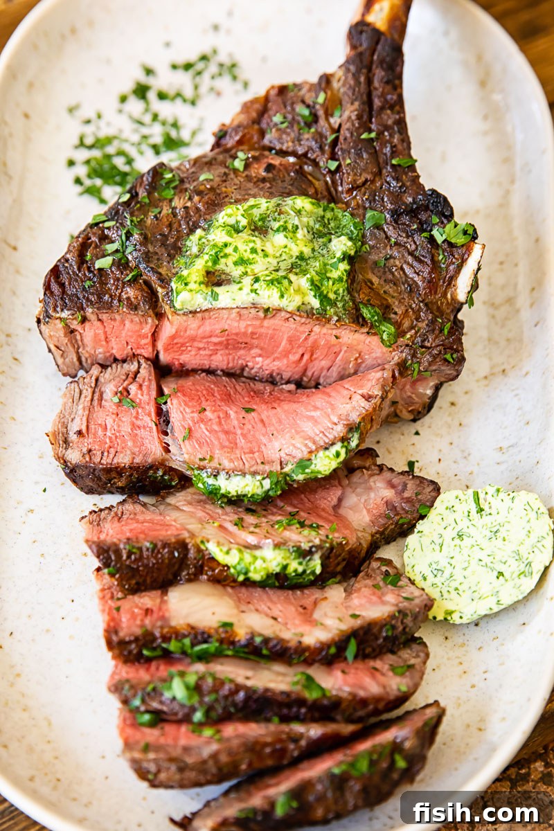 top down view of grilled and sliced tomahawk steak on a platter, topped with herb butter, ready to be served