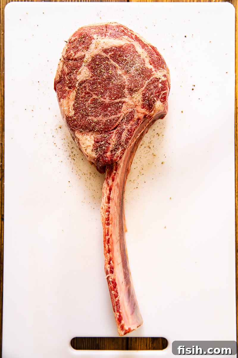 uncooked tomahawk steak, showing its impressive bone and marbling
